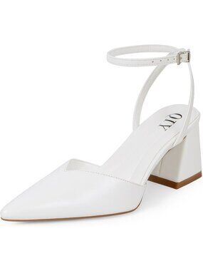 🆕Women's White Pointed Toe Block Heels Chunky Ankle Strap Bridal Dress Pumps